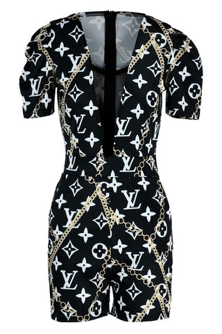 Black Fashion Street Print Patchwork Square Collar Rompers