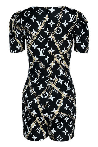 Black Fashion Street Print Patchwork Square Collar Rompers