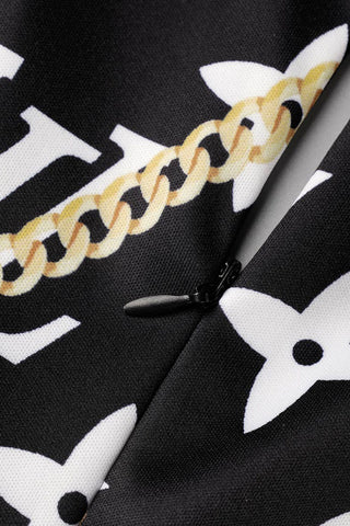 Black Fashion Street Print Patchwork Square Collar Rompers