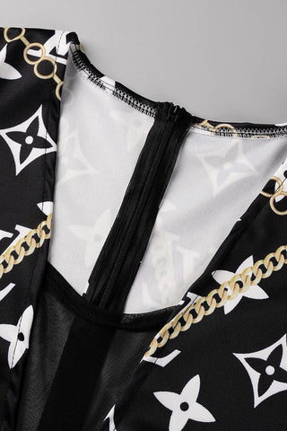 Black Fashion Street Print Patchwork Square Collar Rompers