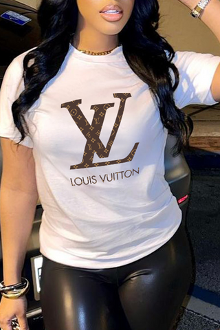 White Fashion Print Patchwork O Neck T-Shirts