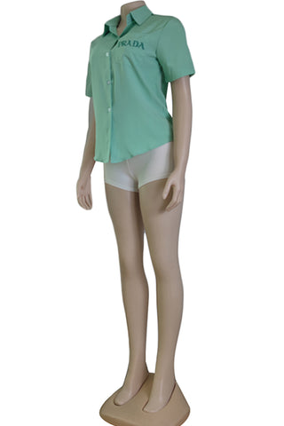Green Fashion Casual Letter Patchwork Shirt Collar Tops
