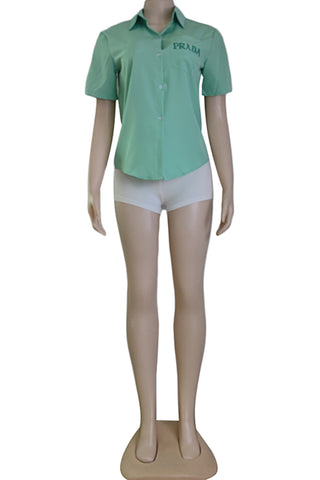 Green Fashion Casual Letter Patchwork Shirt Collar Tops