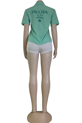 Green Fashion Casual Letter Patchwork Shirt Collar Tops