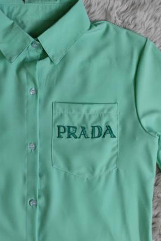 Green Fashion Casual Letter Patchwork Shirt Collar Tops