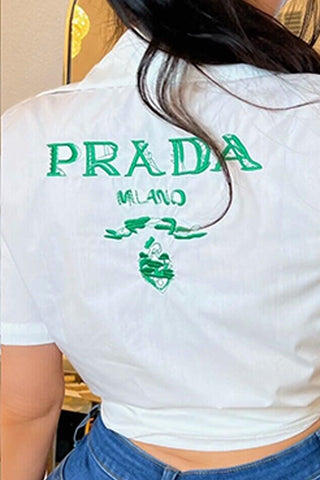 Green Fashion Casual Letter Patchwork Shirt Collar Tops