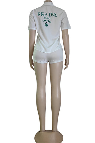 Green Fashion Casual Letter Patchwork Shirt Collar Tops