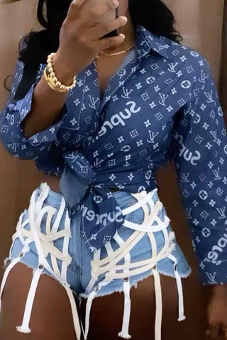 The cowboy blue Casual Vintage Print Letter Turndown Collar Tops