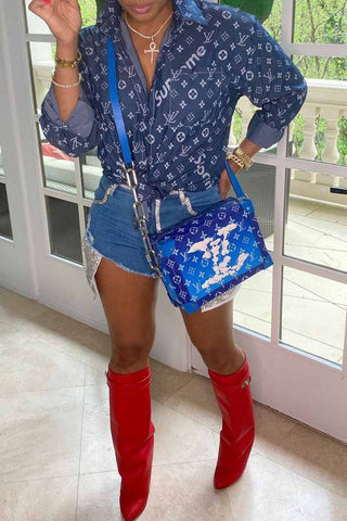 The cowboy blue Casual Vintage Print Letter Turndown Collar Tops