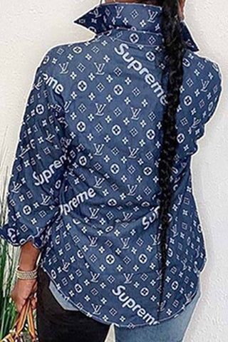The cowboy blue Casual Vintage Print Letter Turndown Collar Tops