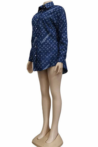 The cowboy blue Casual Vintage Print Letter Turndown Collar Tops