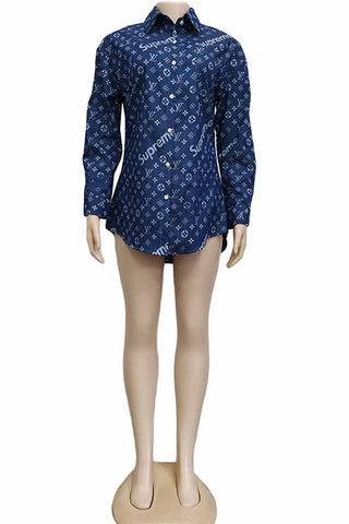 The cowboy blue Casual Vintage Print Letter Turndown Collar Tops