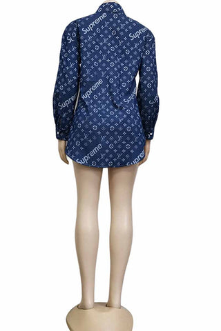 The cowboy blue Casual Vintage Print Letter Turndown Collar Tops