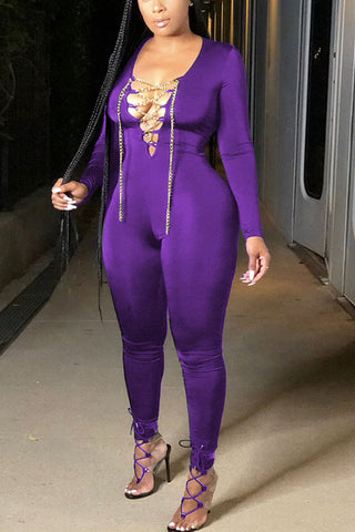 Purple Fashion Street Adult Milk Fiber Solid Frenulum V Neck Skinny Jumpsuits