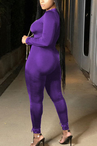 Purple Fashion Street Adult Milk Fiber Solid Frenulum V Neck Skinny Jumpsuits