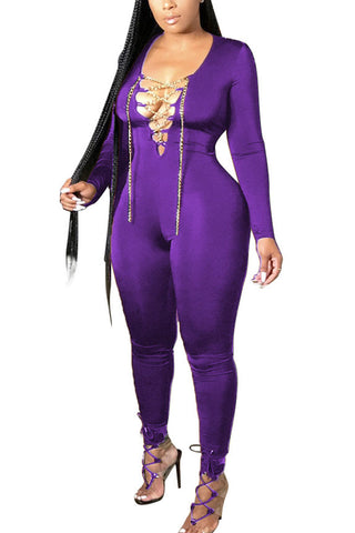 Purple Fashion Street Adult Milk Fiber Solid Frenulum V Neck Skinny Jumpsuits