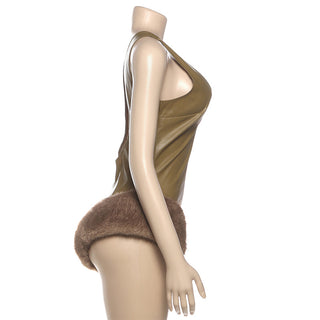 Women Autumn/Winter Sexy V-Neck Pu-Leather Slip-on Jumpsuit