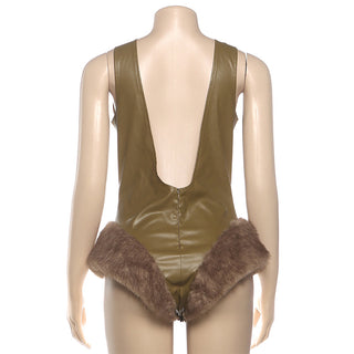 Women Autumn/Winter Sexy V-Neck Pu-Leather Slip-on Jumpsuit