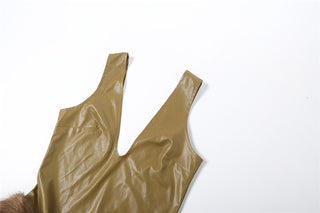 Women Autumn/Winter Sexy V-Neck Pu-Leather Slip-on Jumpsuit