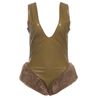 Women Autumn/Winter Sexy V-Neck Pu-Leather Slip-on Jumpsuit