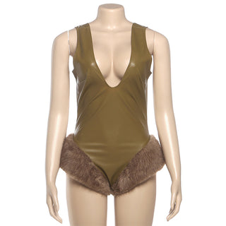 Women Autumn/Winter Sexy V-Neck Pu-Leather Slip-on Jumpsuit