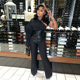 Street Fashion Leather Patchwork Women Spring Summer Slash Shoulder Slim Fit Long Sleeve Shirt And Pants Two Piece Set