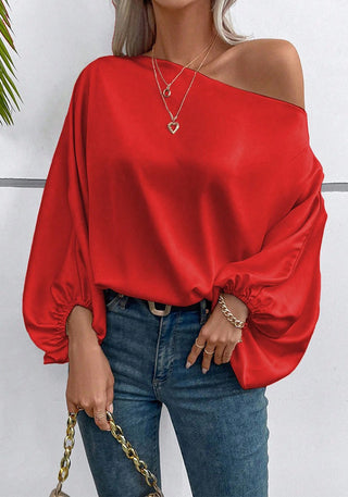 Women Winter Slash-Shoulder Satin Loose Asymmetric Shirt Top