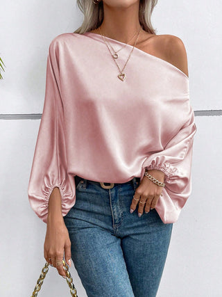 Women Winter Slash-Shoulder Satin Loose Asymmetric Shirt Top