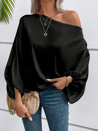 Women Winter Slash-Shoulder Satin Loose Asymmetric Shirt Top