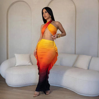 Women Gradient Print Crop Pleated Top and Skirt Two Piece Set