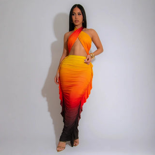 Women Gradient Print Crop Pleated Top and Skirt Two Piece Set