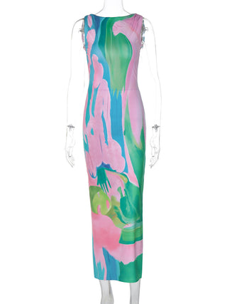 Beach Holidays Style Tie Dye Multi-Color Sexy Low Back Sleeveless Side Slit Long Dress