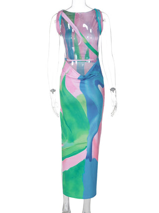 Beach Holidays Style Tie Dye Multi-Color Sexy Low Back Sleeveless Side Slit Long Dress