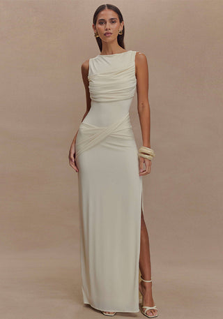 Women Summer Round Neck Backless Sleeveless Pleated Slit Dress