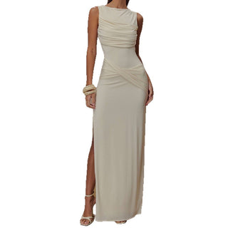 Women Summer Round Neck Backless Sleeveless Pleated Slit Dress