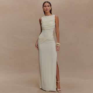Women Summer Round Neck Backless Sleeveless Pleated Slit Dress