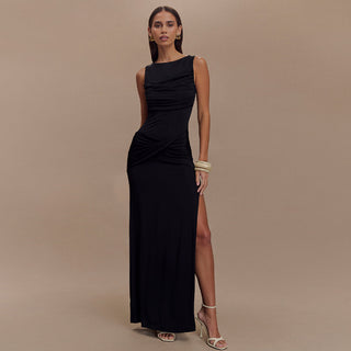 Women Summer Round Neck Backless Sleeveless Pleated Slit Dress
