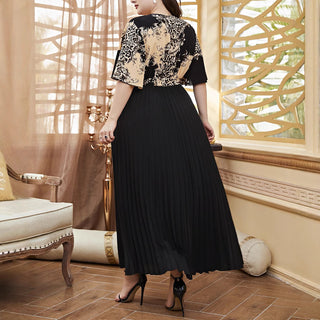 Plus Size Women Waist tie print sexy v-neck Patchwork short sleeve Dress