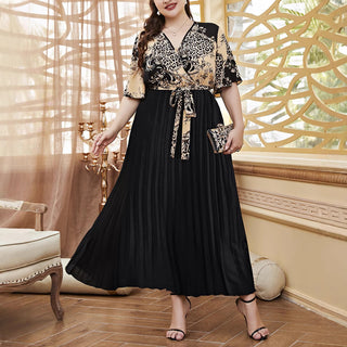 Plus Size Women Waist tie print sexy v-neck Patchwork short sleeve Dress