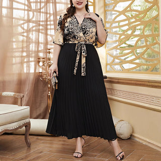 Plus Size Women Waist tie print sexy v-neck Patchwork short sleeve Dress