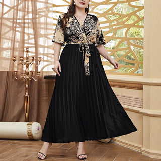 Plus Size Women Waist tie print sexy v-neck Patchwork short sleeve Dress