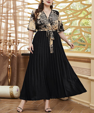Plus Size Women Waist tie print sexy v-neck Patchwork short sleeve Dress