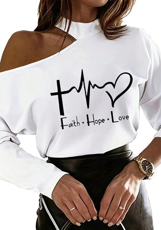 Women Fall and Winter Heart Print Printed Off-shoulder Sexy Top