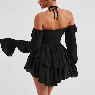 Pleated Ruffle Bell Bottom Sleeve Halter Neck Women's Dress