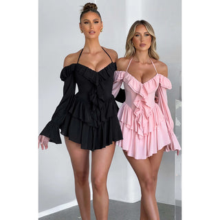 Pleated Ruffle Bell Bottom Sleeve Halter Neck Women's Dress