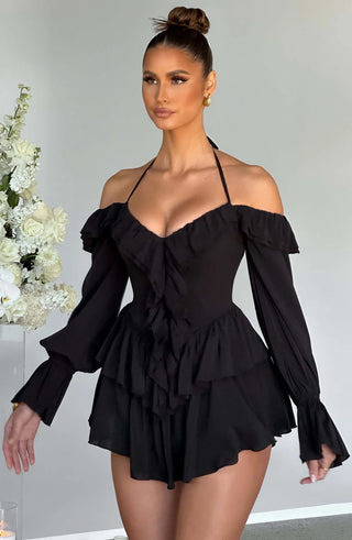 Pleated Ruffle Bell Bottom Sleeve Halter Neck Women's Dress