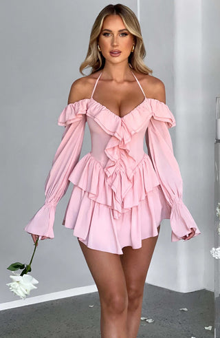 Pleated Ruffle Bell Bottom Sleeve Halter Neck Women's Dress