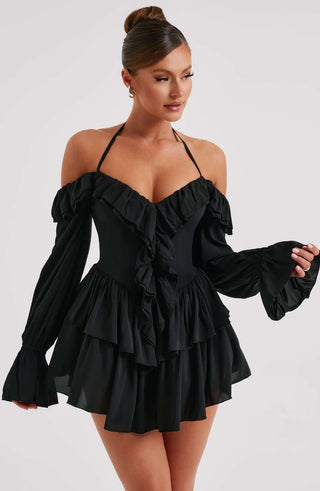 Pleated Ruffle Bell Bottom Sleeve Halter Neck Women's Dress