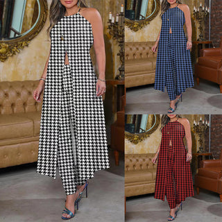Spring And Summer Chic Halter Neck Sleeveless Houndstooth Printed Loose Top High Waist Pants Two Piece Set