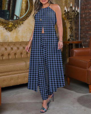 Spring And Summer Chic Halter Neck Sleeveless Houndstooth Printed Loose Top High Waist Pants Two Piece Set
